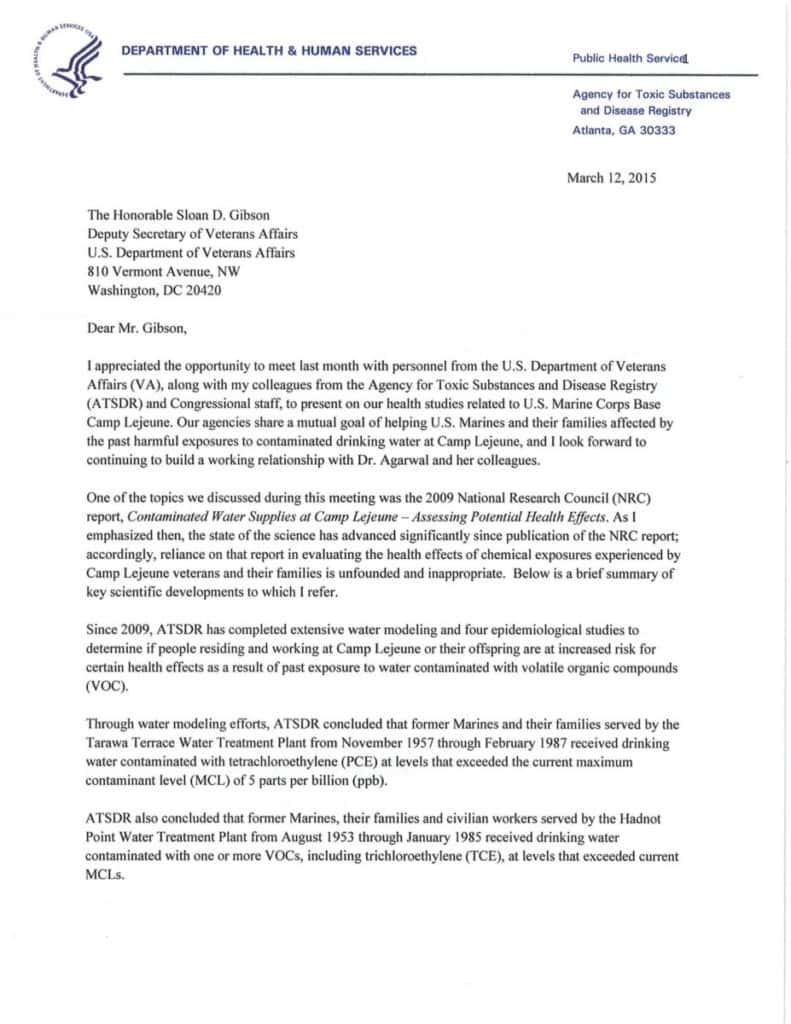Civilian Exposure - ATSDR Letter to VA Regarding Recent IOM Report and 2014 ATSDR Studies